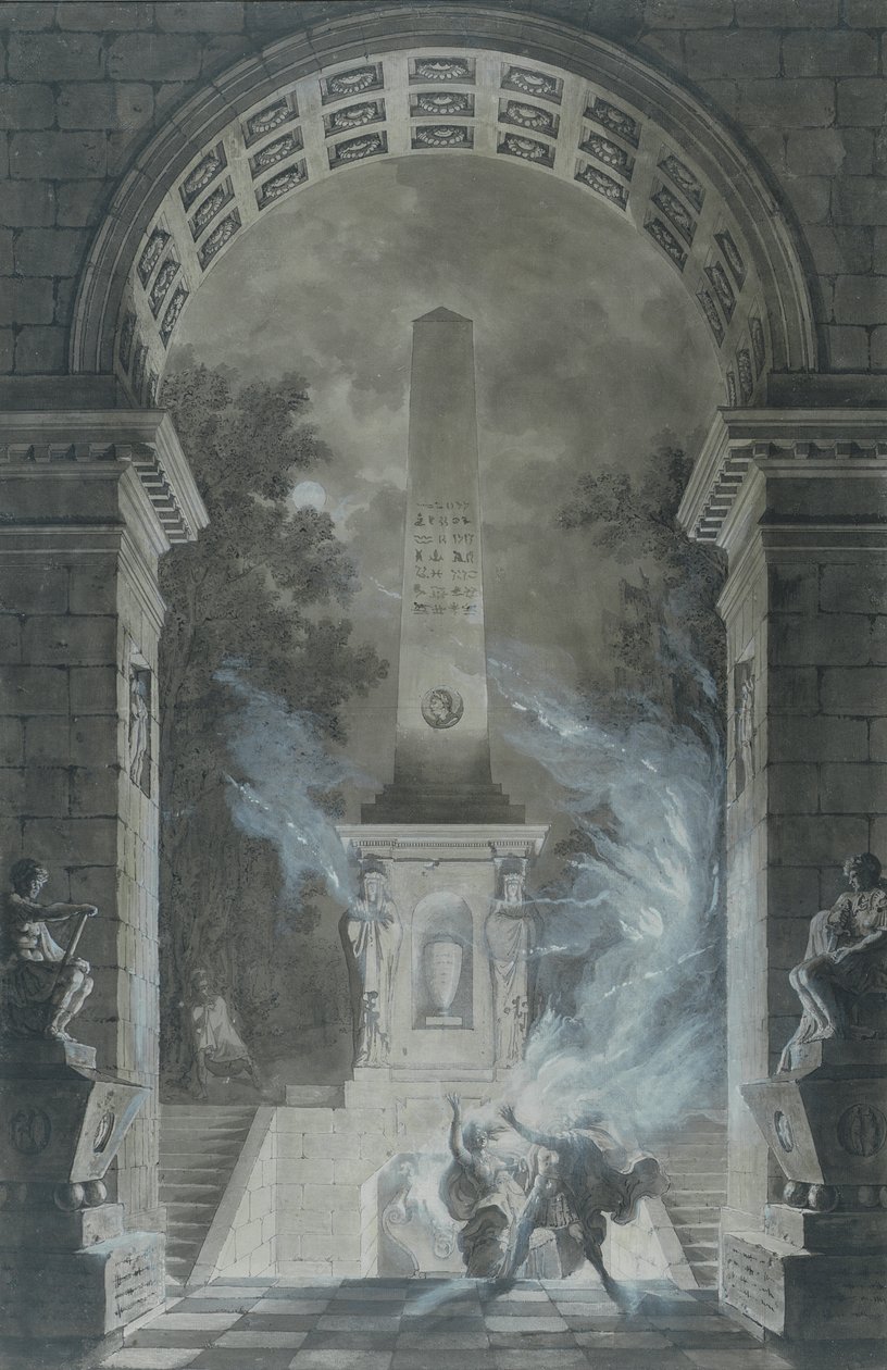 Scene fra tragedien Semiramis av Voltaire (1694-1778) (penn og blekk og wc på papir) av Louis Jean Desprez