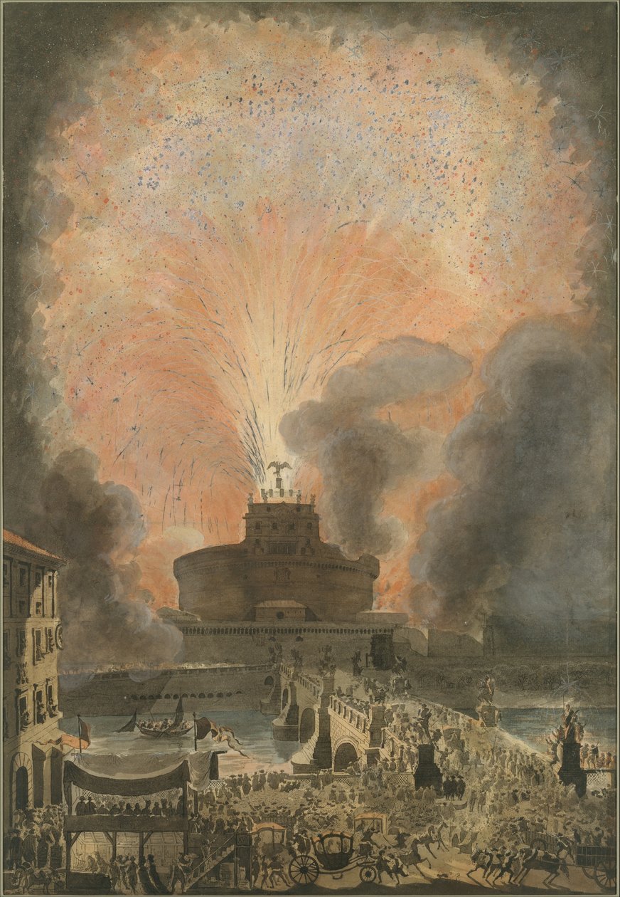 Girandola ved Castel SantAngelo, ca. 1781 (radering med håndfarging) av Louis Jean Desprez