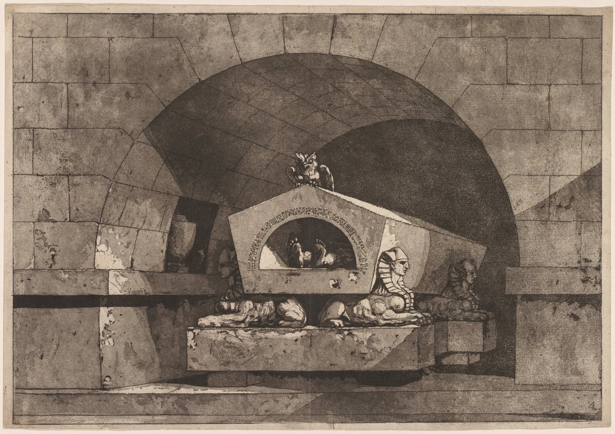 Tomb with Sphinx: Funerary Monument with an Owl on a Sarcophagus Supported by Sphinx, ca. 1779-84. av Louis Jean Desprez
