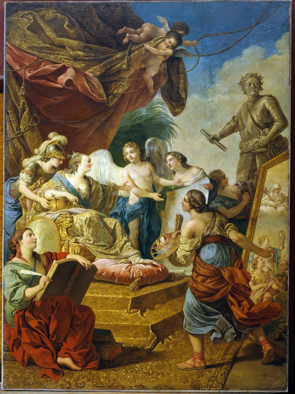 Keiserinne Elisabeth av Russland (tsarina Elisabeth I Petrovna Romanov, kjent som Clemente (1709-1762), kunstens skytshelgen. (Keiserinne Elisabeth Petrovna som kunstens beskytter). Maleri av Louis Jean Francois Lagrenee (1725-1805), olje på nettet av Louis Jean Francois I Lagrenee