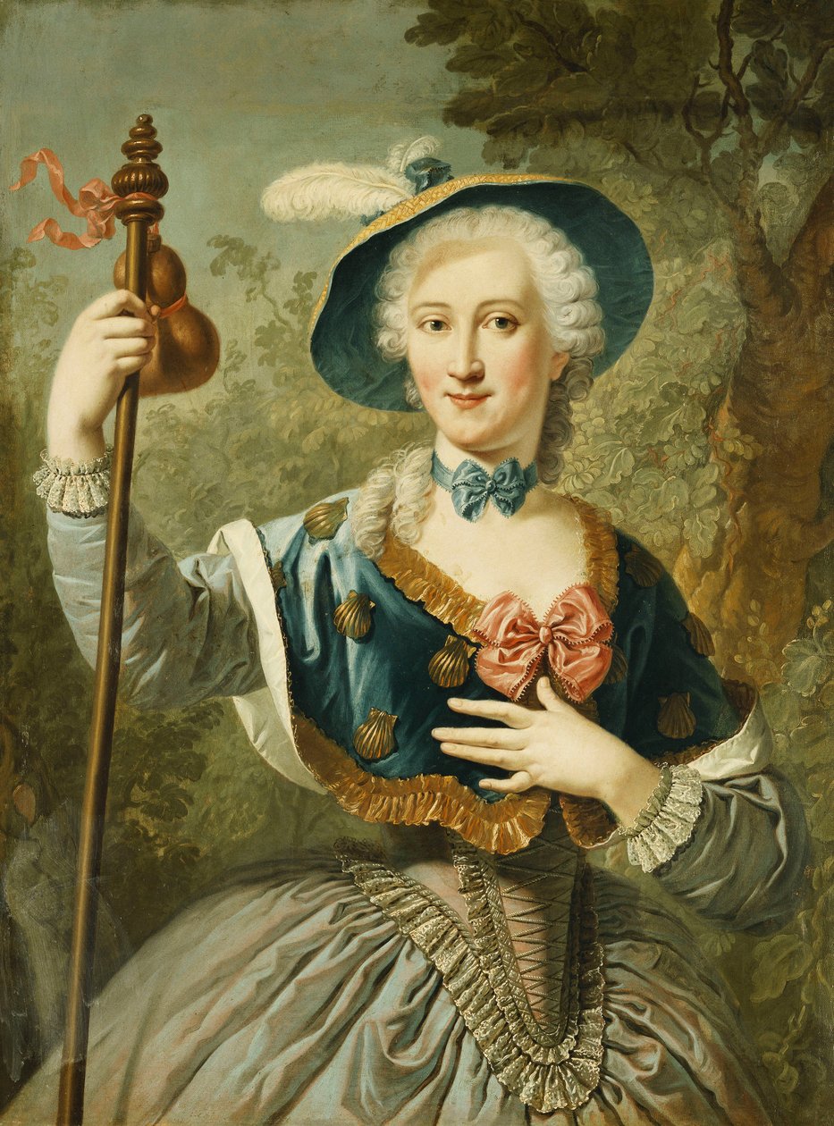 Portrett av en dame, tre-kvarts lengde, kledd som en pilegrim, og iført en blå foret stråhatt og fjær, 1747 av Louis Jean François Lagrenée