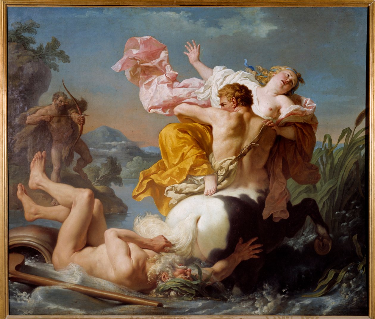 Bortføringen av Dejanire av kentauren av Nessus. Mens Heracles, akkompagnert av sin kone Dejanire, søker å krysse Evenos, foreslår Nessos å ta seg av Dejanire. Herakles aksepterte, men etter å ha krysset elven, hørte han ropene fra kona som av Louis Jean François Lagrenée