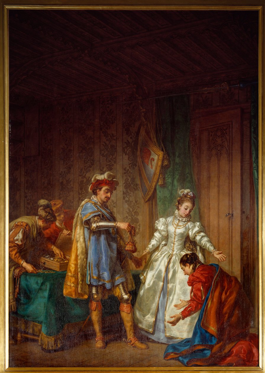 The Continence of Bayard The Knight Pierre Terrain, Lord of Bayard (1476-1524) gir et stipend til en fattig og jomfru jente slik at hun kan gifte seg ærlig av Louis Jean Jacques Durameau
