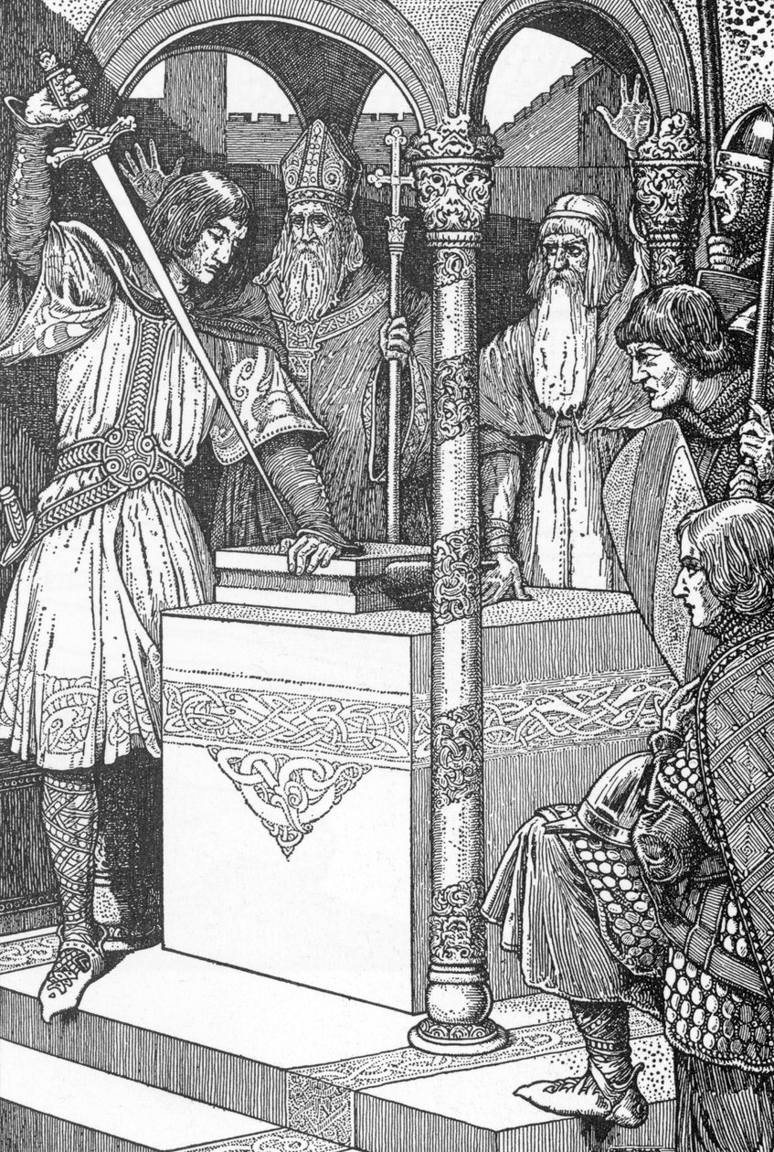 Arthur trakk frem sverdet Excalibur fra en ambolt Illustrasjon av Louis Rhead (1858-1926) fra "kong Arthur og hans riddere" 1923 Privat samling av Louis John Rhead