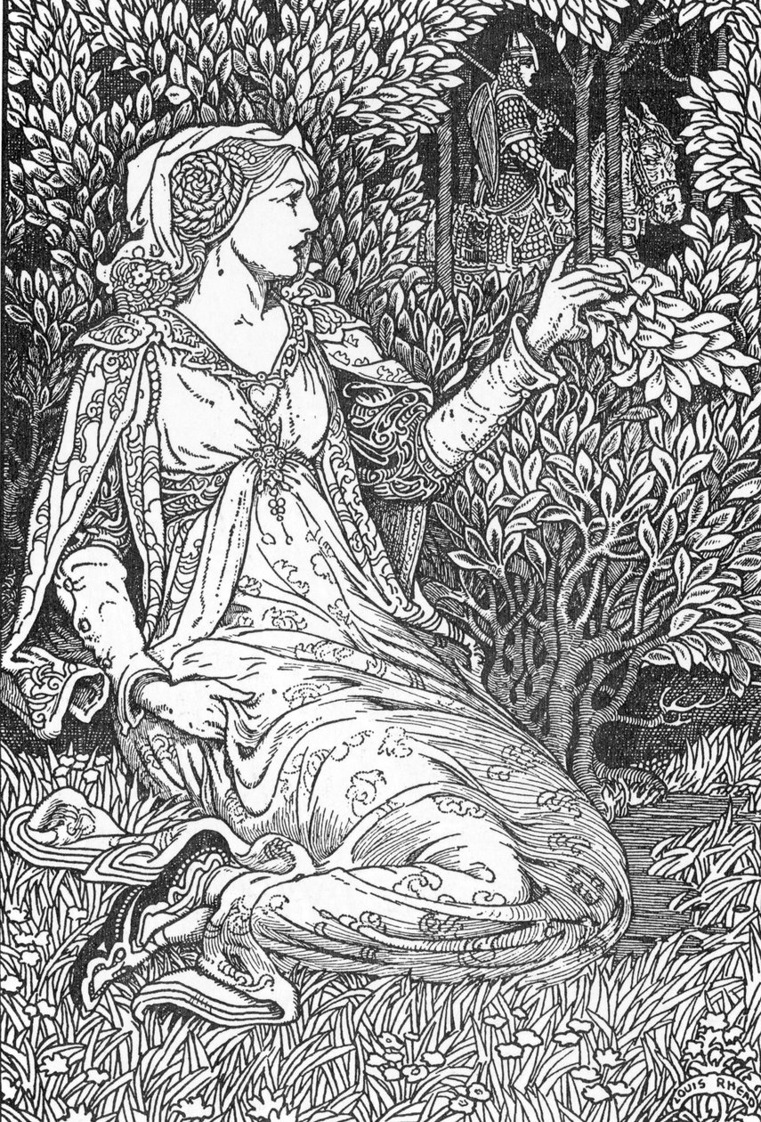 La belle Iseult (portrett av Iseult (Isault)) Illustrasjon av Louis Rhead (1858-1926) fra "Kong Arthur og hans riddere"" 1923 Privat samling av Louis John Rhead