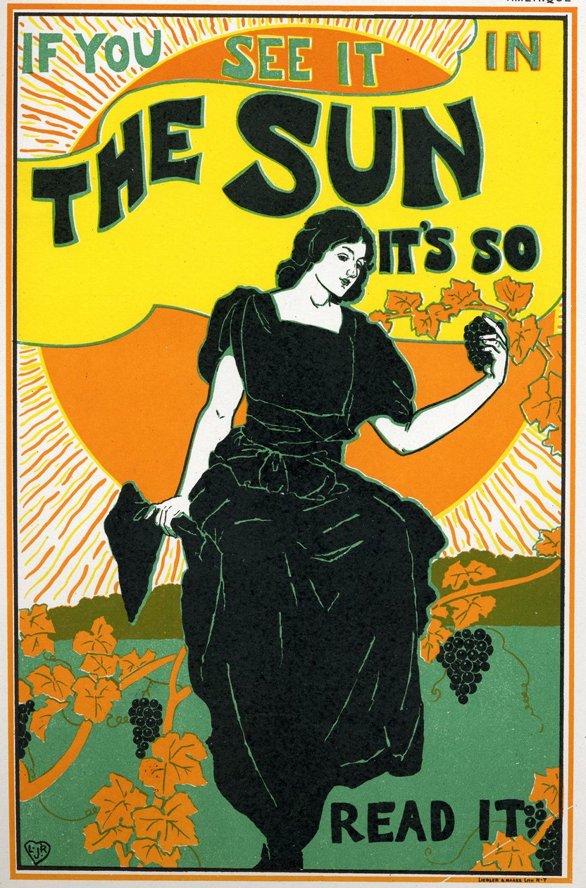 Litteratur. The Sun, avis. Plakat av Louis Rhead, USA, ca. 1890 (plakat) av Louis John Rhead