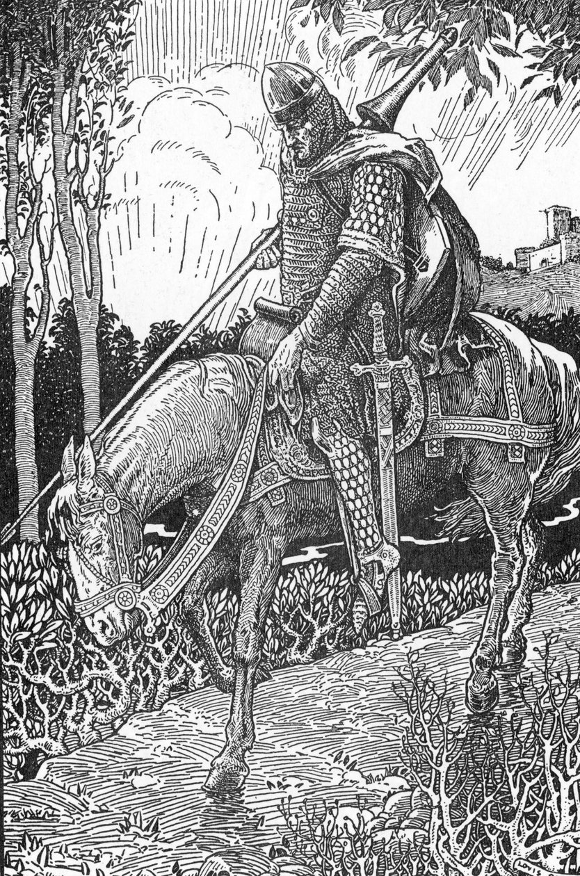 Mordred (Modred) sår etter slaget ved Camlann mot sin far kong Arthur (Mordred såret etter slaget ved Camlann) Illustrasjon av Louis Rhead (1858-1926) fra "King Arthur and his knights" 1923 Privat samling av Louis John Rhead