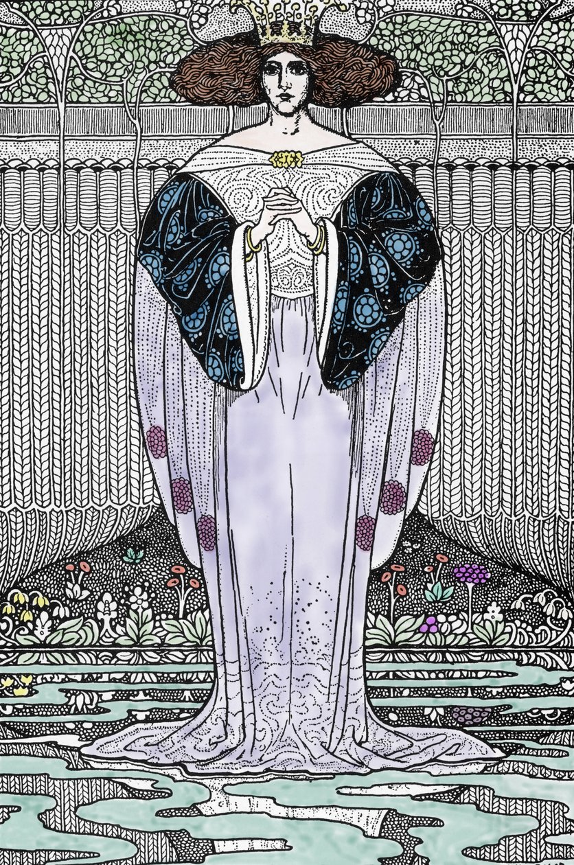 Representasjon av Lady of the Lake (Nimue, Viviane) Illustrasjon av Louis Rhead (1858-1926) for "Kong Arthur og hans riddere"" av Louis John Rhead