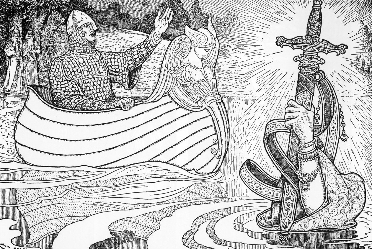 Representasjon av Lady of the Lake (fee viviane), karakter av Arthur-legendene, som gir kong Arthur den andre Excalibur (Arthurisk legende: Lady of the Lake (Nimue, Viviane) gir kong Arthur sitt sverd Excalibur) Illustrasjon av Louis Rhead (1858) -1 av Louis John Rhead