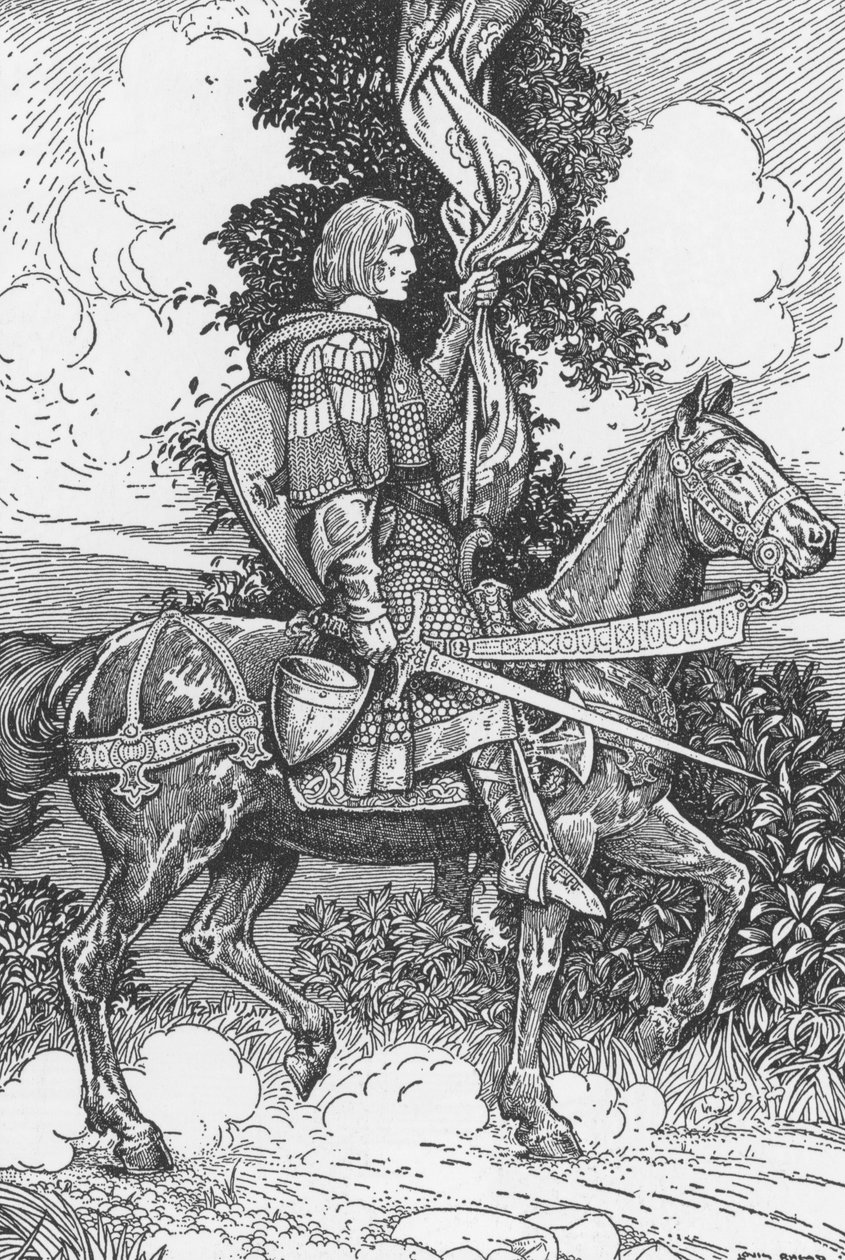 Sir Tristam rir til Tintagil-slottet Illustrasjon av Louis Rhead (1858-1926) fra "King Arthur and his knights" 1923 Privat samling av Louis John Rhead