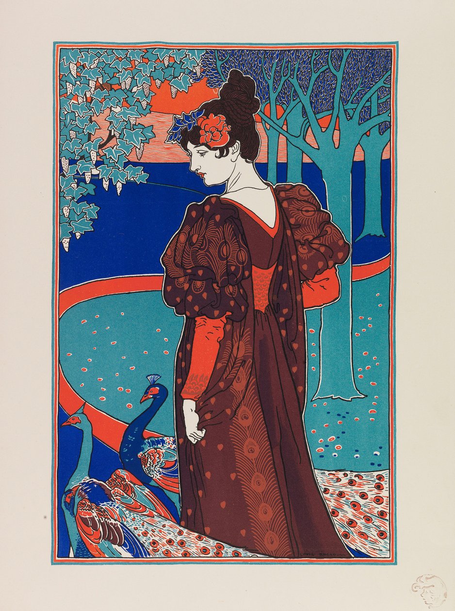 Kvinne med påfugler, ca 1897. av Louis John Rhead