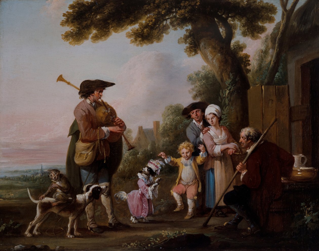 Musikere med dyr som opptrer foran tavernaer av Louis Joseph (1731 98) Watteau