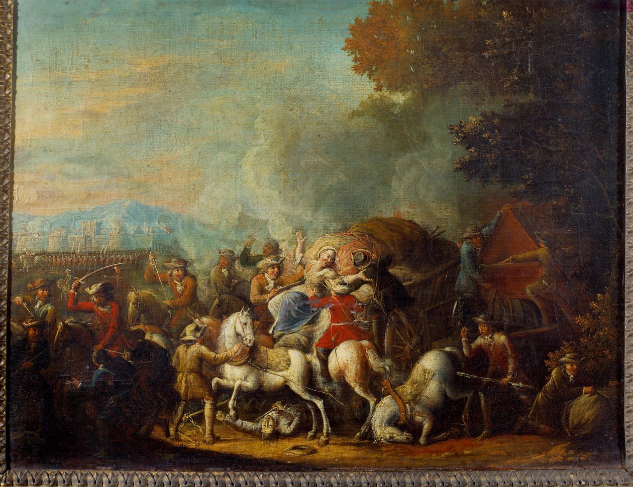 Angrepet på en vogn av brigander Maleri av Louis Joseph Watteau dit Watteau de Lille (1731-1798) Reims 1700-tallet, Musee des Beaux Arts av Louis Joseph  Watteau