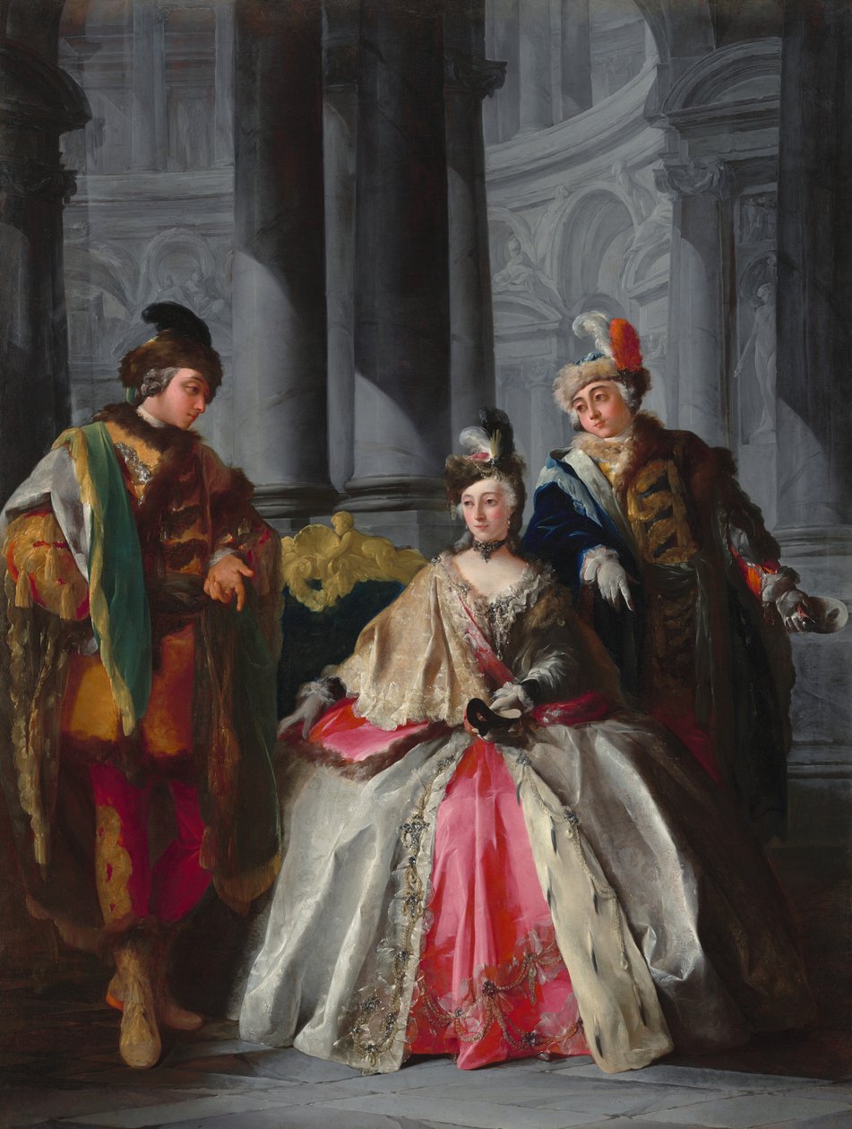 Tre figurer kledd for en maskerade, ca. 1740-årene. av Louis Joseph Le Lorrain