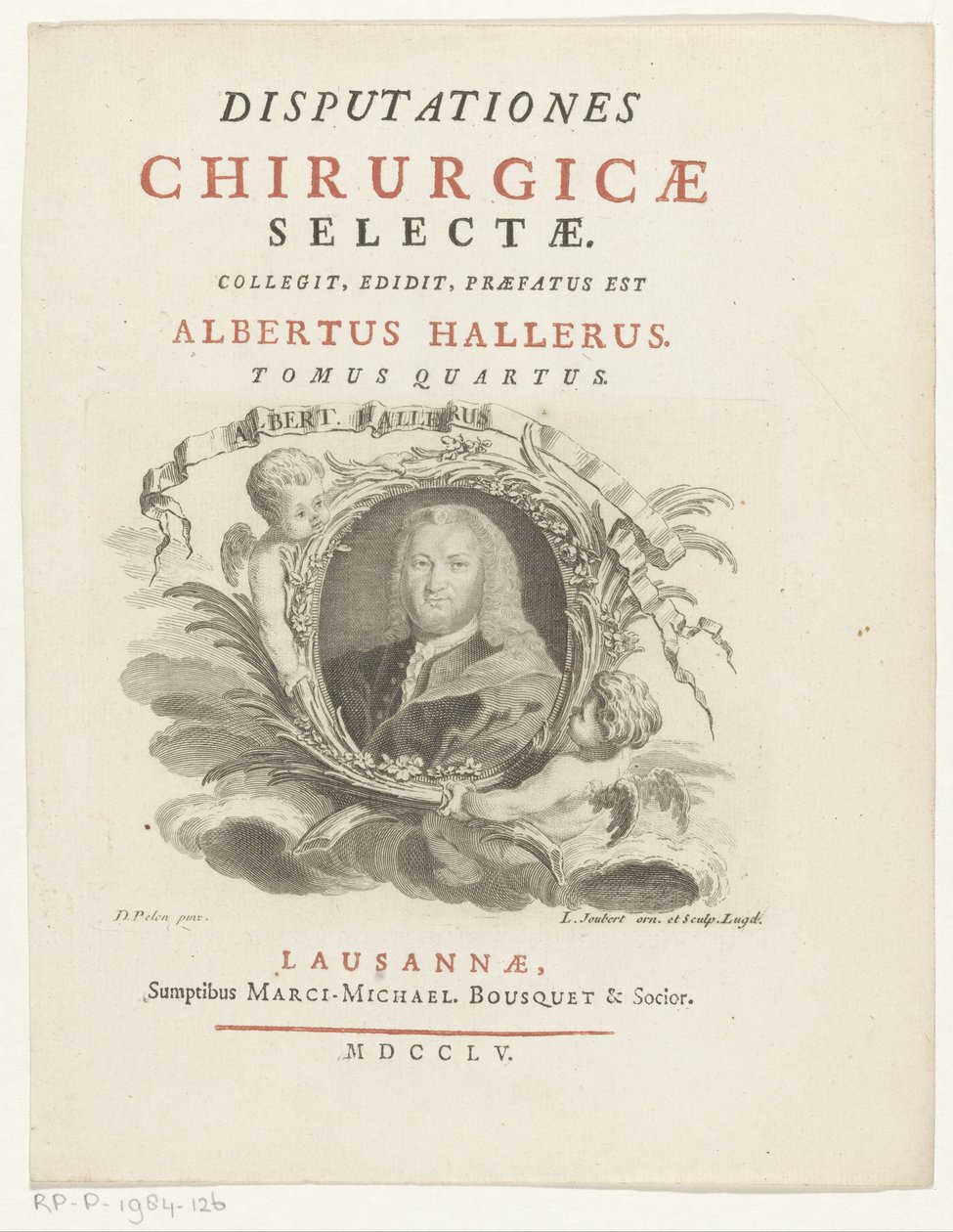 Portrett av Albrecht von Haller Albert Haller (tittel på objekt) Tittelside for: Albrecht von Haller, Selected Surgical Discourses, 1755 av Louis Joubert