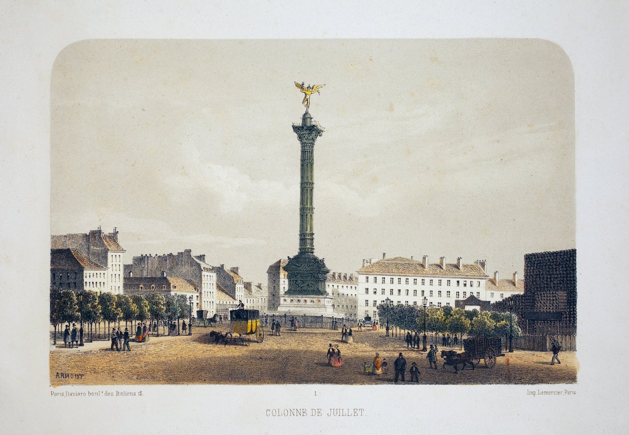 Column de July (Place de la Bastille), Paris. Litografi akvarell, illustrasjon av Arnout, i "Album, souvenirs de Paris"", Daziaro-redaktør, Paris av Louis Jules Arnout