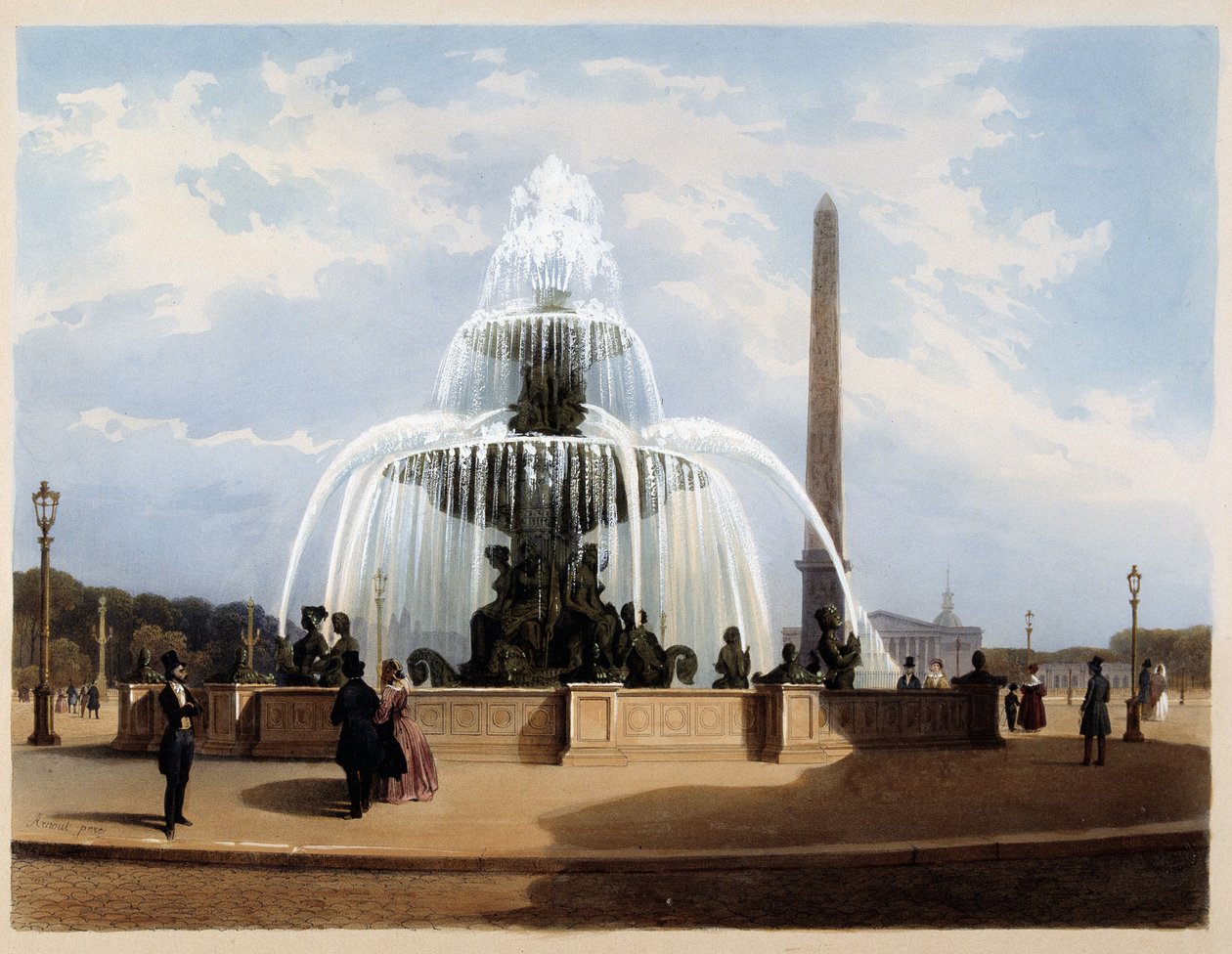 Fontenen på Place de la Concorde - i "Paris en 1837" av Arnout av Louis Jules Arnout