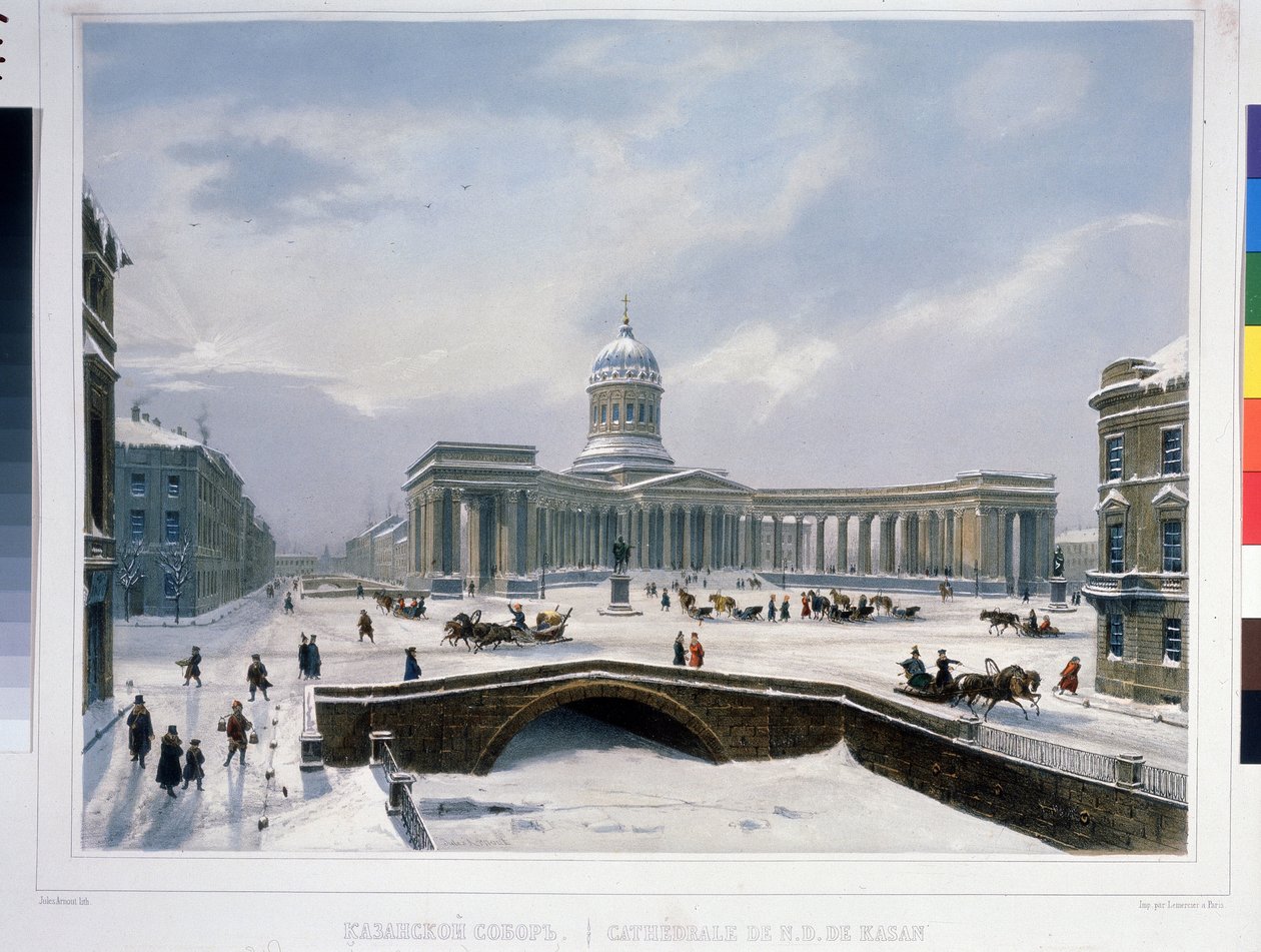 Kazan-katedralen i St. Petersburg. Litografi av Louis Jules Arnout (1814-1868), fargelagt i akvarell, ca. 1840. Fransk kunst, klassisisme. A. Pushkin Memorial Museum, St. Petersburg. av Louis Jules Arnout