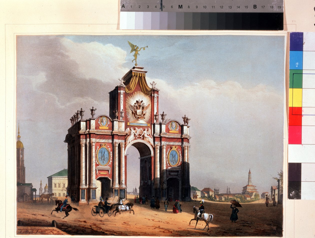 Den røde porten i Moskva. Litografi av Louis Jules Arnout (1814-1868), fargelagt i akvarell, rundt 1830. Fransk kunst, klassisisme. A. Pushkin Memorial Museum, St. Petersburg. av Louis Jules Arnout