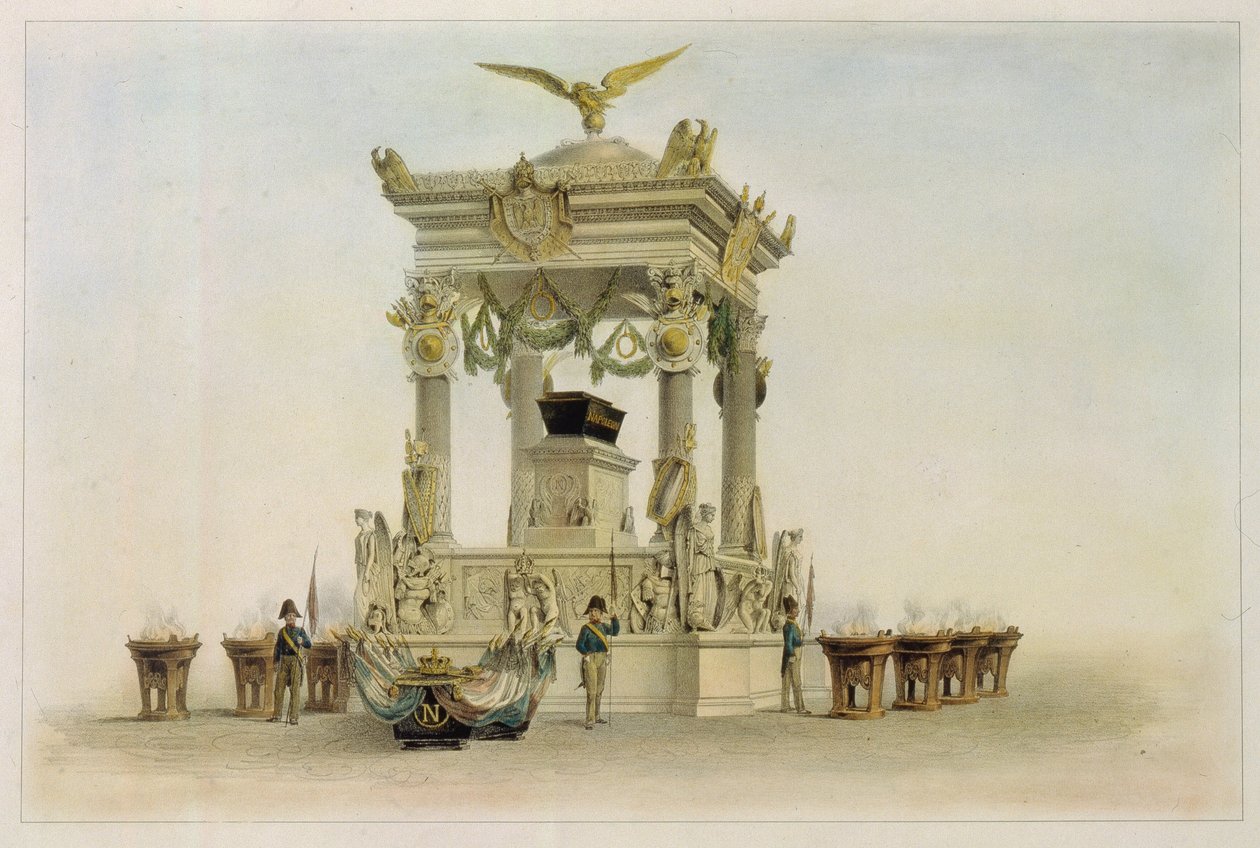 Kisten til Napoleon I Bonaparte (1769-1821) i Invalides-kirken (Paris, Frankrike). (Kisten til Napoleon i kirken ved Les Invalides). Verk av Louis Jules Arnout (1814-1868), litografi og akvarell. Fransk kunst fra 1800-tallet, klassisisme. av Louis Jules Arnout