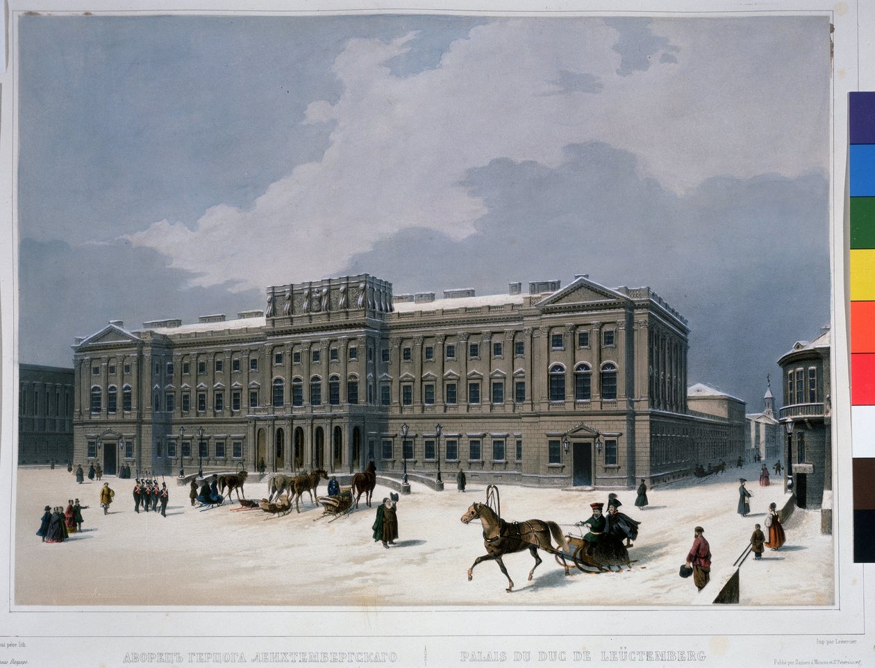 Mariinsky-palasset på St Isak-plassen i St. Petersburg. Litografi av Louis Jules Arnout (1814-1868), fargelagt i akvarell, ca. 1840. Fransk kunst, klassisisme. A.Push av Louis Jules Arnout