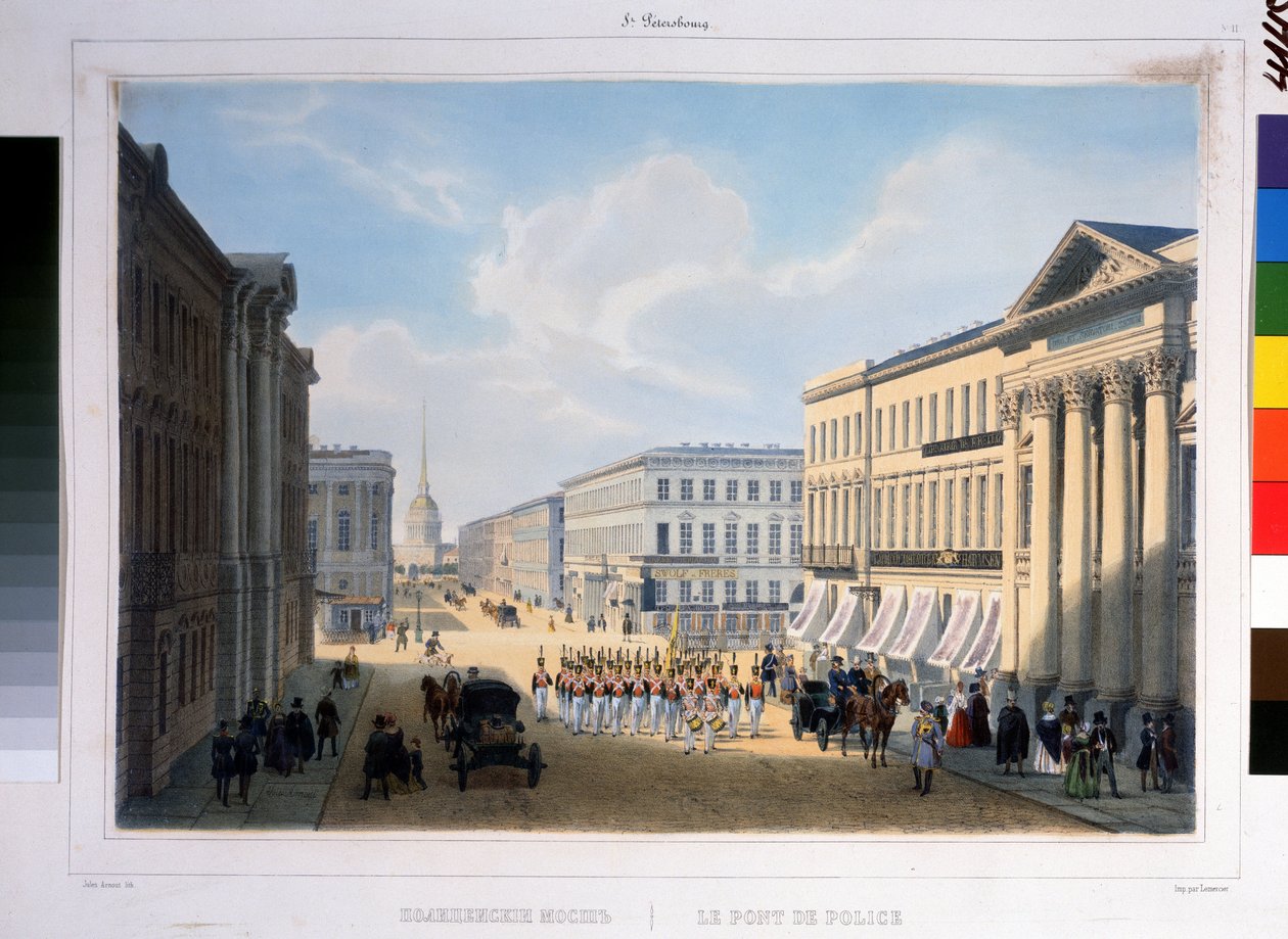 Politibroen i St. Petersburg, sett fra Nevsky Prospekt fra Stroganov-palasset. Litografi av Louis Jules Arnout (1814-1868), fargelagt av Louis Jules Arnout