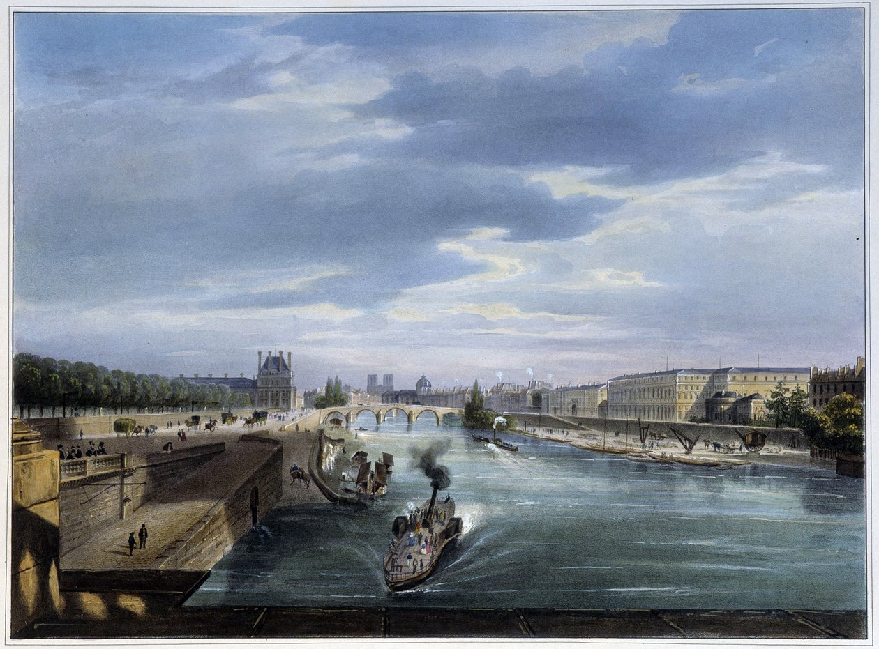 Pont du Carrousel et bateau damp - i "" Paris en 1837" av Arnout av Louis Jules Arnout