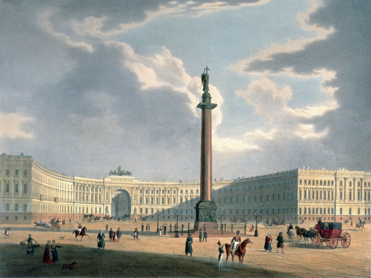 Alexandersøylen og hærens hovedkvarter i St. Petersburg, trykt av Lemercier, Paris, 1840-tallet av Louis Jules Arnout