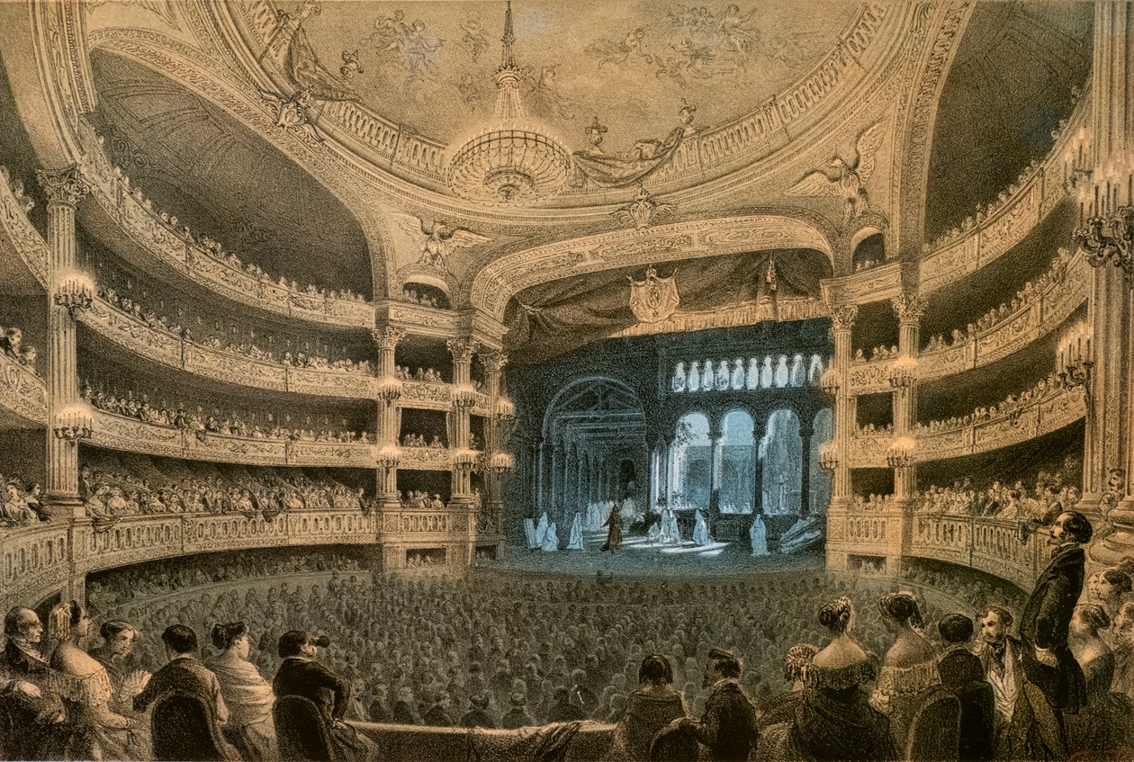 The Imperiale Academy of Music, operaens teater, under en forestilling av "Robert le Diable" (1831). Litografi i farger. av Louis Jules Arnout