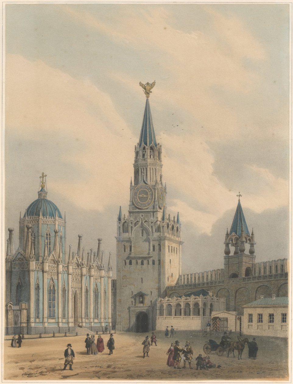 Spasskaya Tower Saviour Gates og Saint Catherine Church of Ascension-klosteret i Moskva Kr. av Louis Jules Arnout