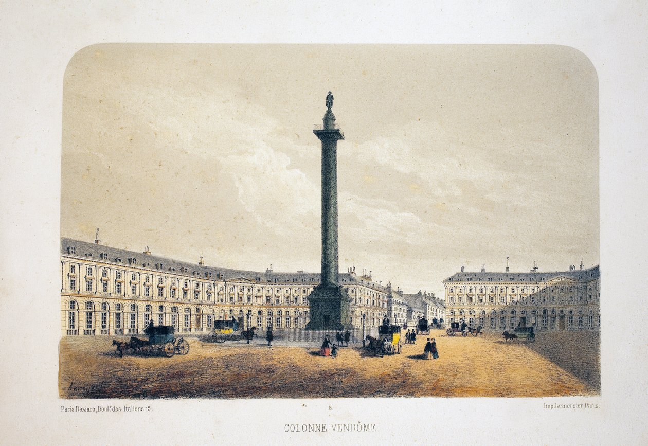 Vendome-søylen, Paris. Litografi akvarell, illustrasjon av Arnout, i "Album, souvenirs de Paris"", Daziaro-redaktør, Paris av Louis Jules Arnout