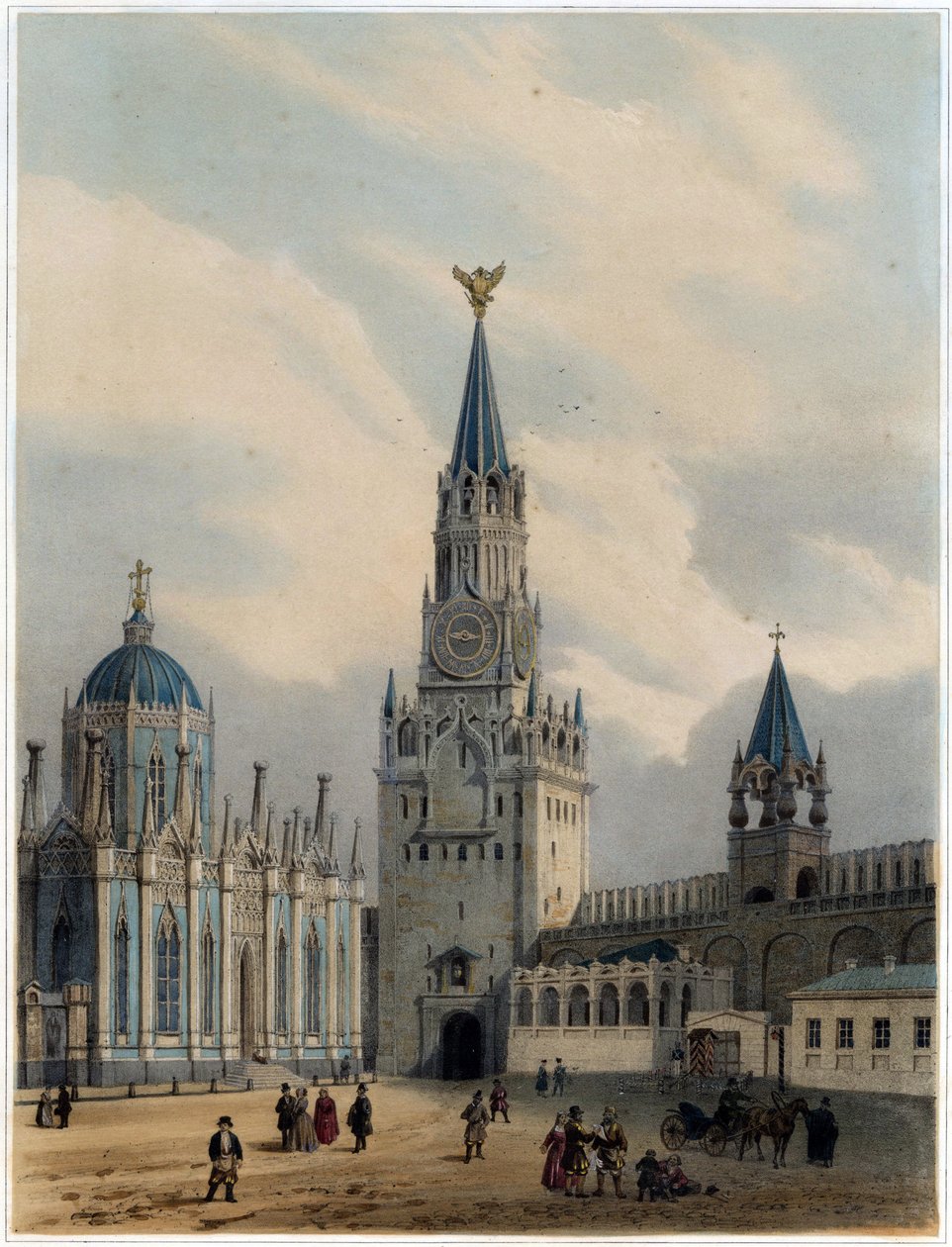 ""Utsikt over tårnet til den hellige frelser (eller Spasskaia-tårnet) og på den røde plassen, kremlin, Moskva"" (The Spasskaya Tower (Saviour Gates) og Saint Catherine Church of Ascension Convent i Moskva Kreml) Litografi av Louis Jules Arnout (1814-1868)  av Louis Jules Arnout