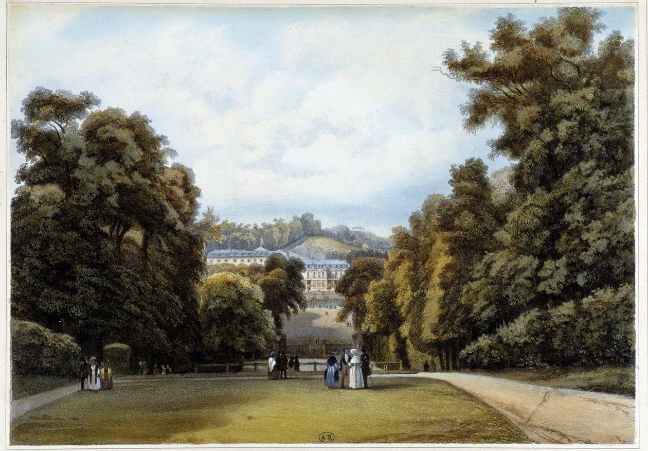 Chateau de Saint Cloud, siden av parken. I "Paris og omegn" av Louis Julien Jacottet