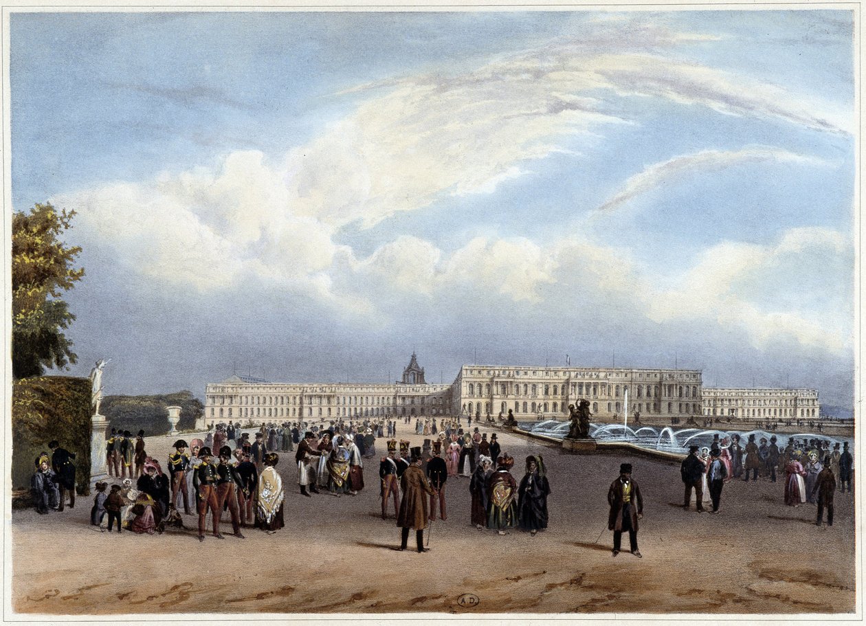Generell visning av fasaden til Château de Versailles - i "Promenade dans Paris et ses environs"", designet av Jacottet og Benoist, ca. 1840 av Louis Julien Jacottet