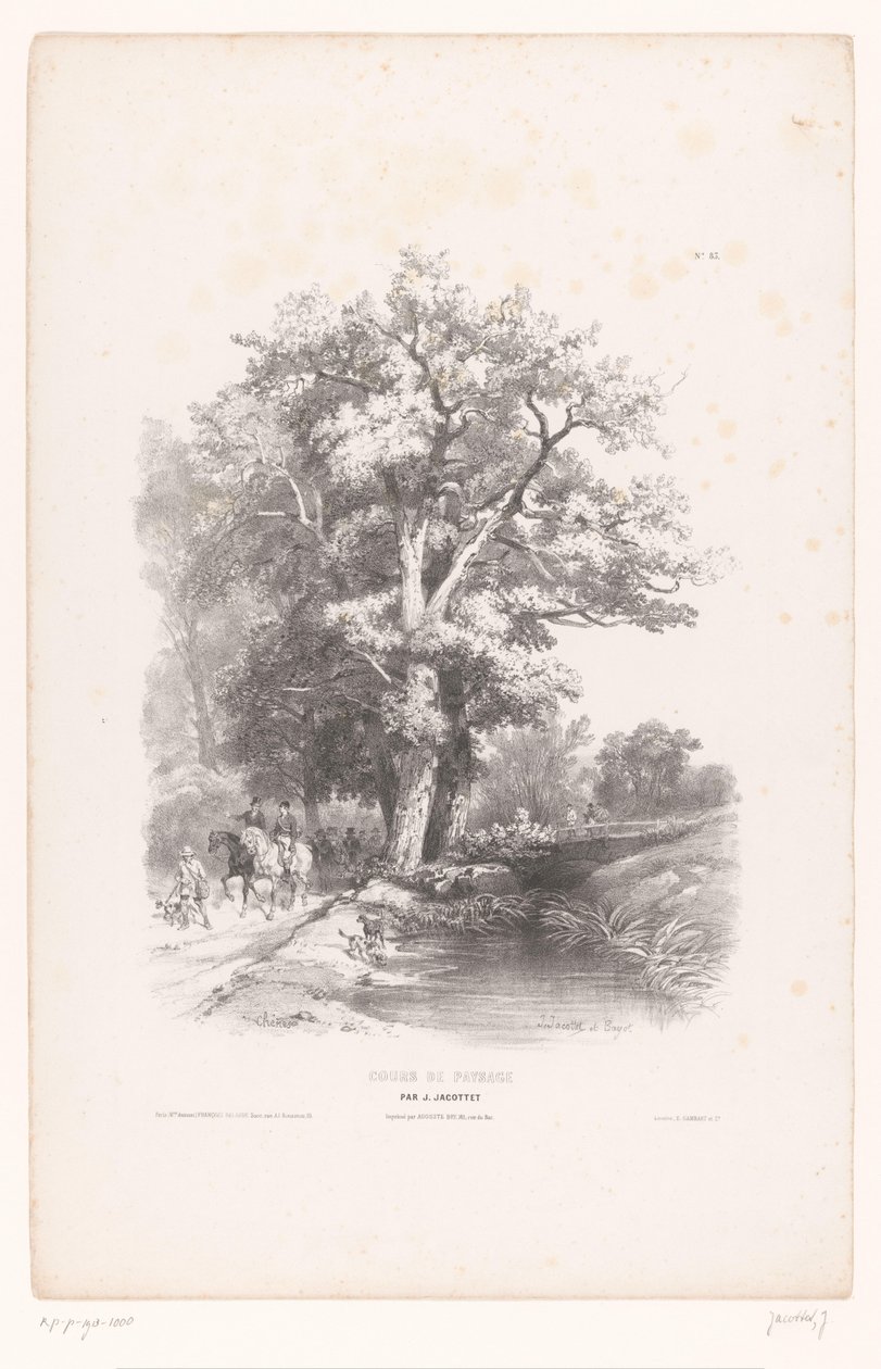 Jegere med hunder langs en grøft i en skog Landskapstegnekurs (serietittel) Cours de Paysage (serietittel på objekt) av Louis Julien Jacottet