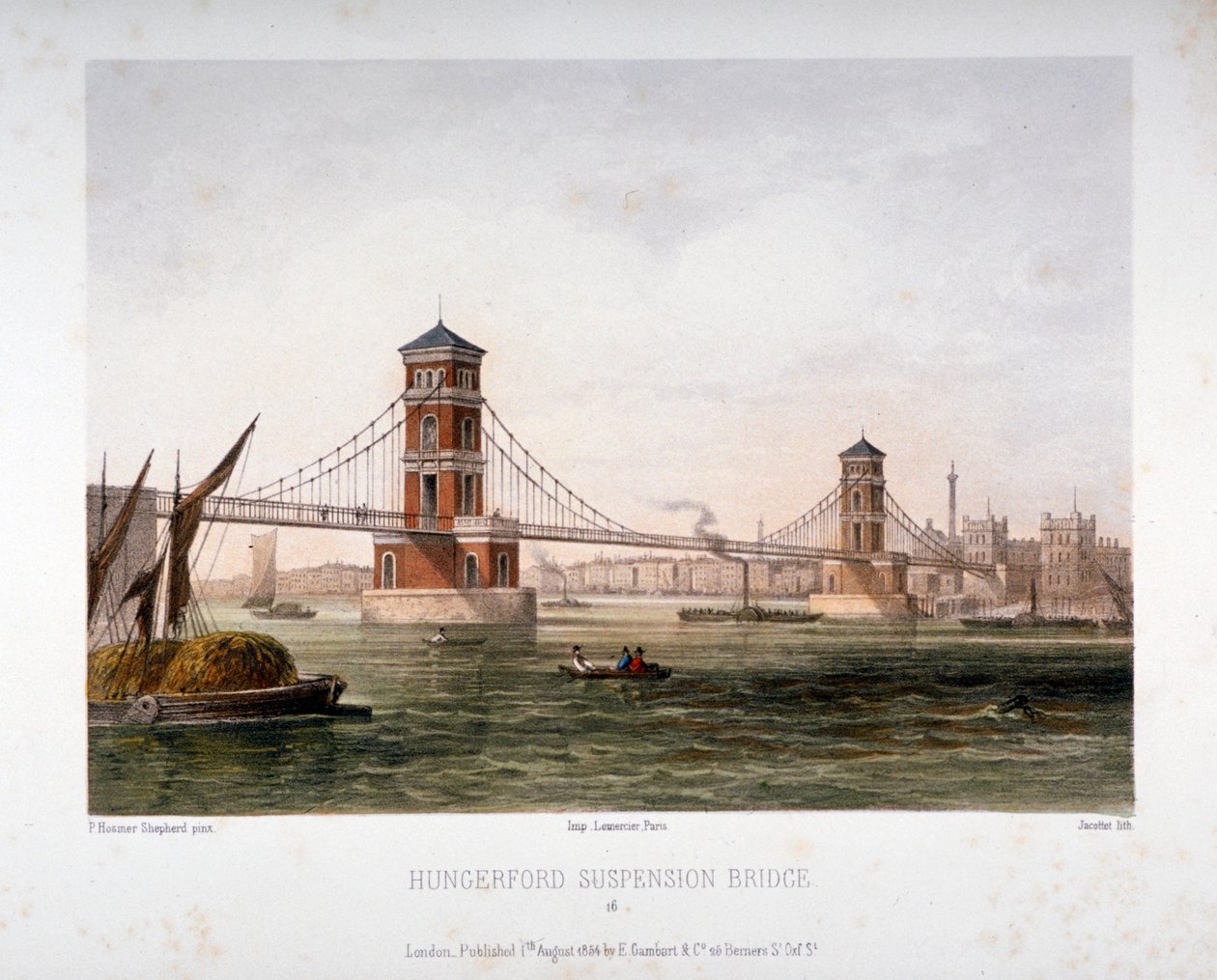 Utsikt over Hungerford Bridge fra øst, London, 1854. av Louis Julien Jacottet