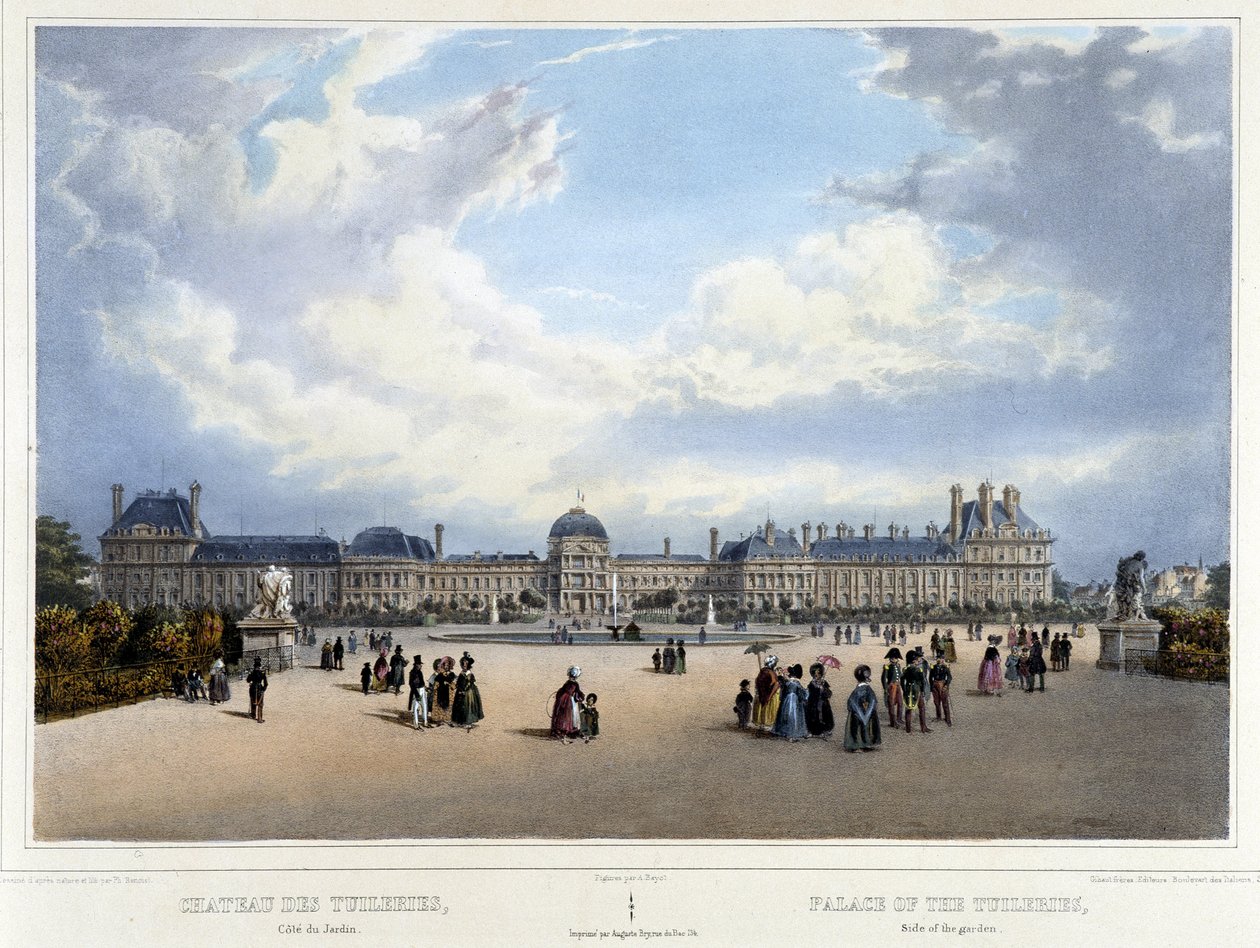 Utsikt over palasset og hagen til Tuileriene - i "" Promenade dans Paris et ses environs", av Jacottet og Benoist, Paris, v.1840 av Louis Julien Jacottet