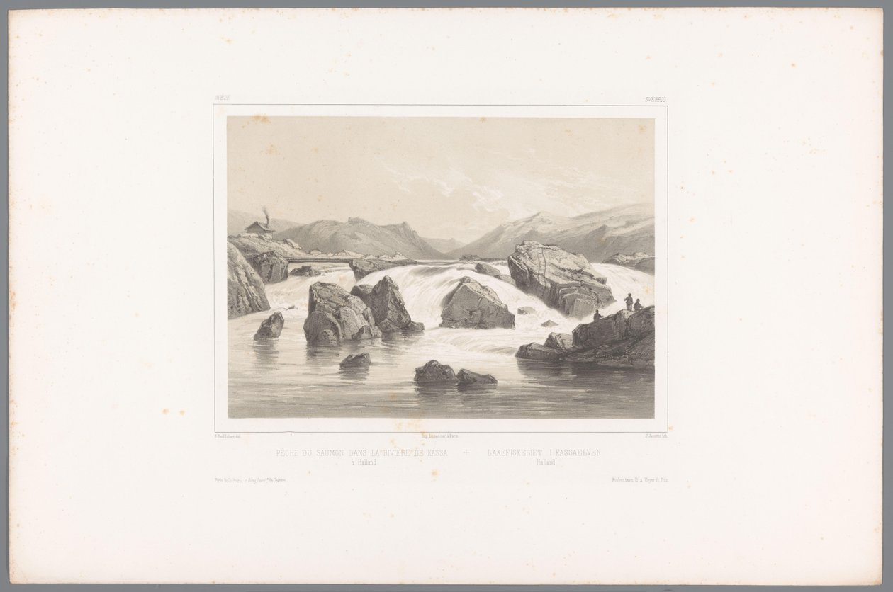 Laksefiskere ved Kassaelva i Halland Pêche du saumon dans la rivière de Kassa à Halland / Laxefiskeriet i Kassaelven, Halland (tittel på objekt) Faces in Scandinavia (serietittel) Vues du Nord. Semsket skinn (serietittel) av Louis Julien Jacottet