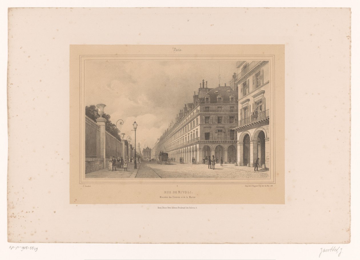Utsikt over Rue de Rivoli Rue de Rivoli. Ministère des Finances et de la Marine (tittel på objekt) Ansikter i og rundt Paris (serietittel) Paris (serietittel på objekt) av Louis Julien Jacottet