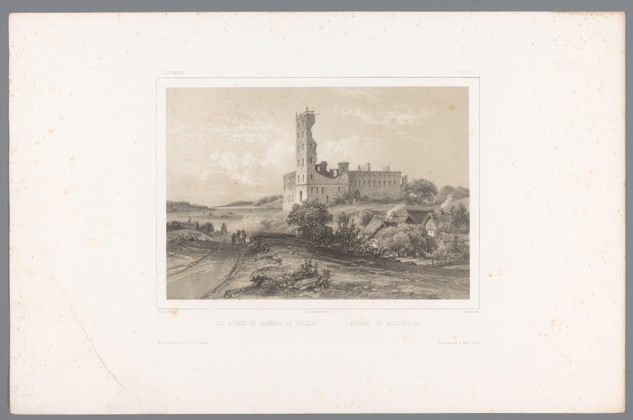 Utsikt over ruinene av Koldinghus Les ruines du château de Colding / Ruiner of Koldinghuus (tittel på objekt) Faces in Scandinavia (serietittel) Vues du Nord. Danemarck (serietittel) av Louis Julien Jacottet
