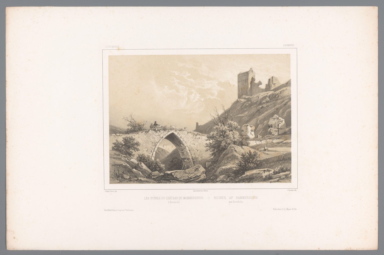 Utsikt over ruinene av Hammershus slott Les ruines du Château de Hammershuus / Ruiner af Hammershuus (tittel på objekt) Faces in Scandinavia (serietittel) Vues du Nord. Danemarck (serietittel) av Louis Julien Jacottet