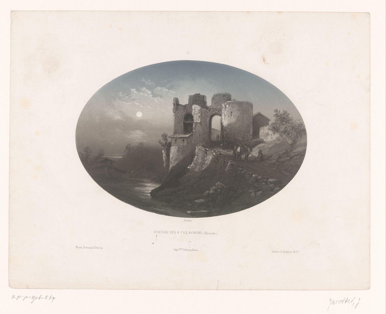 Utsikt over ruinene av slottet til de fire Heemskinderen Château des 4 fils Aymond (Gironde) (tittel på objekt) av Louis Julien Jacottet