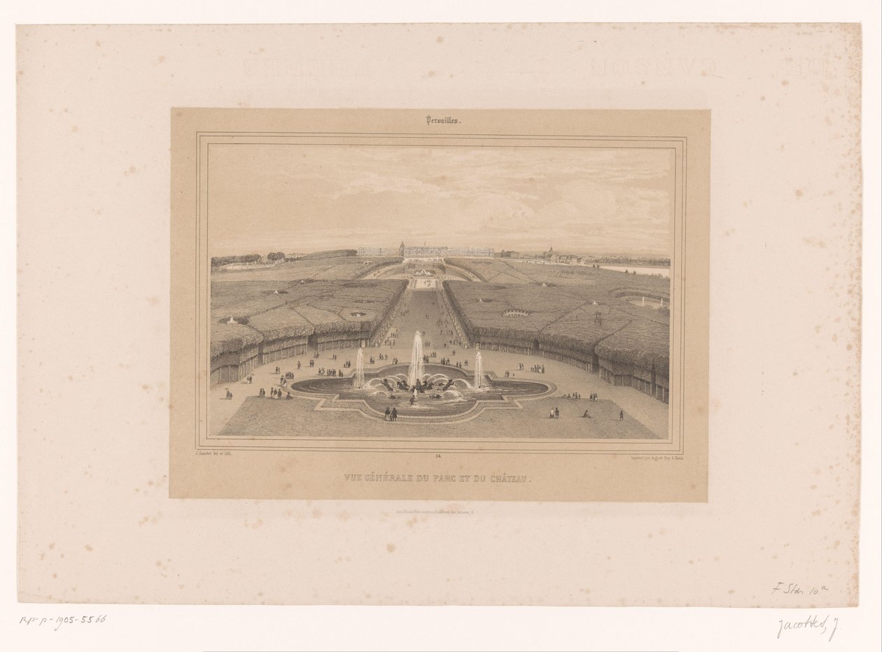 Utsikt over hagene i Versailles Vue generale du Parc et du Château (tittel på objekt) Ansikter i og rundt Paris (serietittel) Versailles (serietittel på objekt) av Louis Julien Jacottet