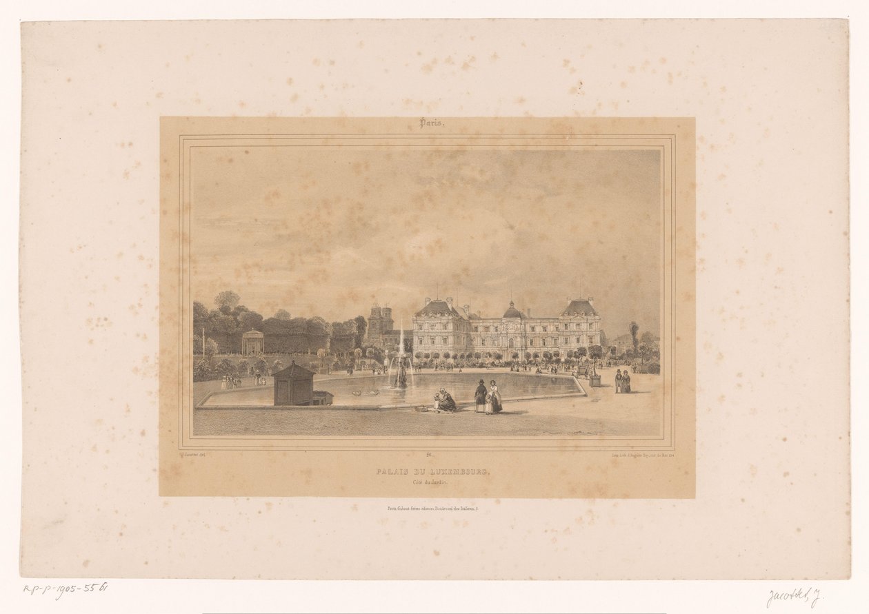 Utsikt over Luxembourg-palasset fra Jardin du Luxembourg Palais du Luxembourg, Côté du Jardin (tittel på objekt) Gezichten in en om Parijs (serietittel) Paris (serietittel på objekt) av Louis Julien Jacottet
