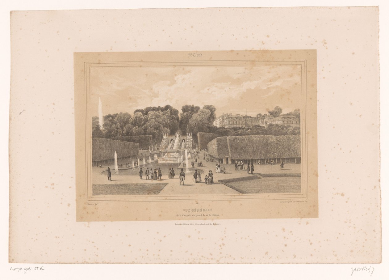 Utsikt over slottet Saint-Cloud i parken Saint-Cloud Vue générale de la Cascade, du grand Jet et du Château (tittel på objekt) Utsikt i og rundt Paris (serietittel) St. Cloud (serietittel på objekt) av Louis Julien Jacottet