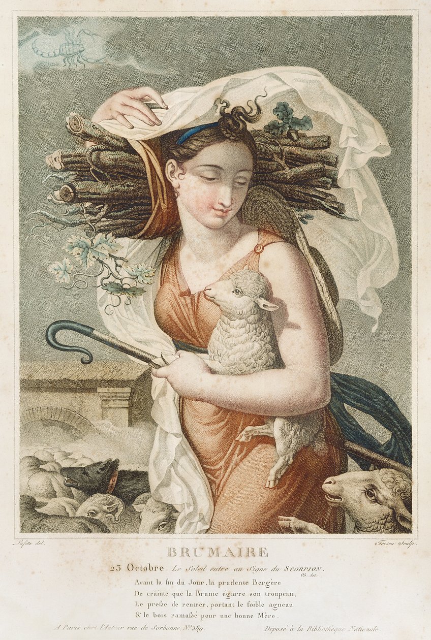 Brumaire (oktobernovember), andre måned i den republikanske kalenderen, gravert av Tresca, fransk, ca. 1794 (gravering) av Louis Lafitte