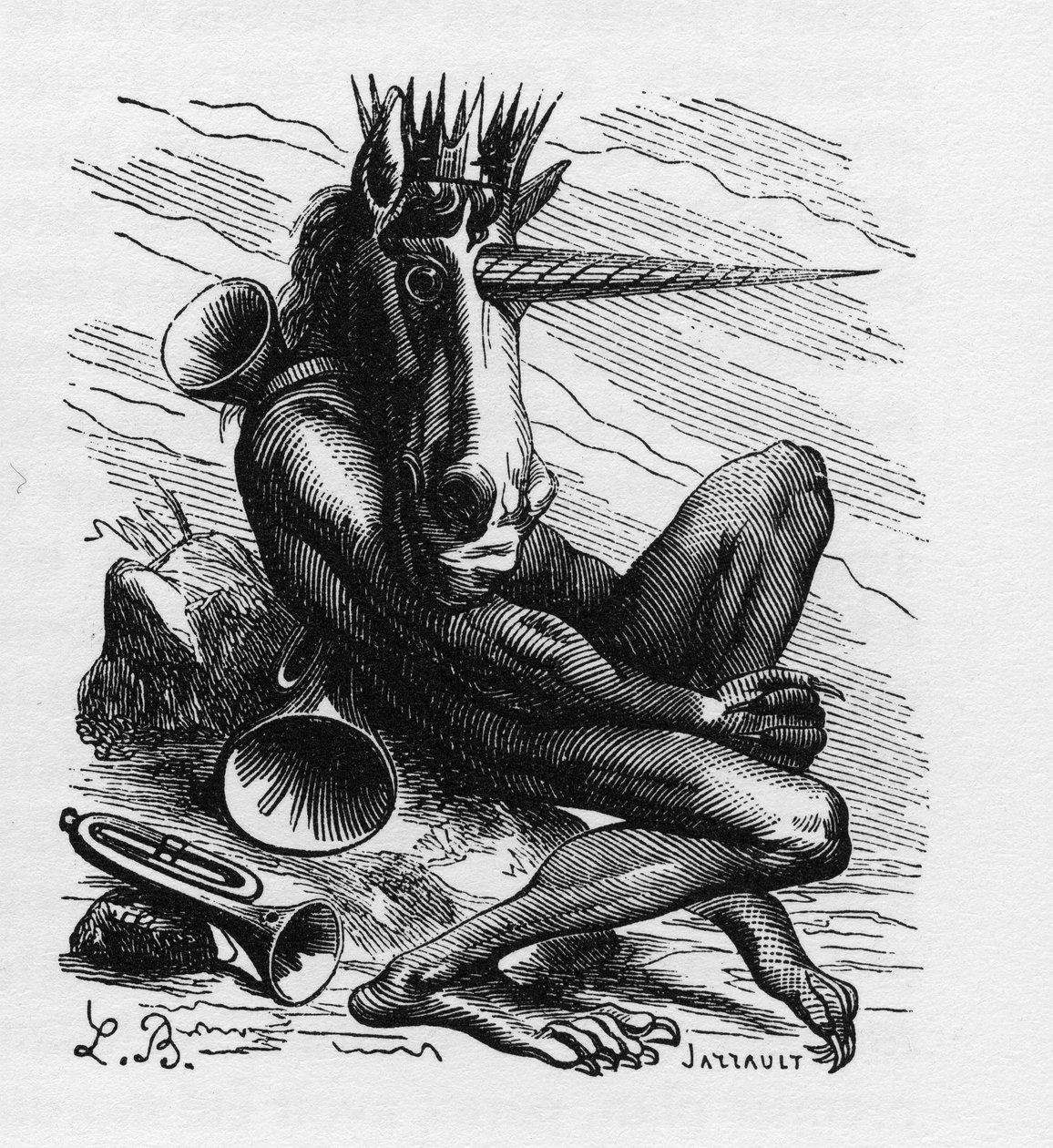 AMDUSCIAS demon i Ars Goetia - Amdusias - demon avledet fra goetie-tro (kunst og praksis for å påkalle demoner) - i "The infernal dictionary" av Collin de Plancy - Gravering av L. Breton. Paris av Louis Le Breton