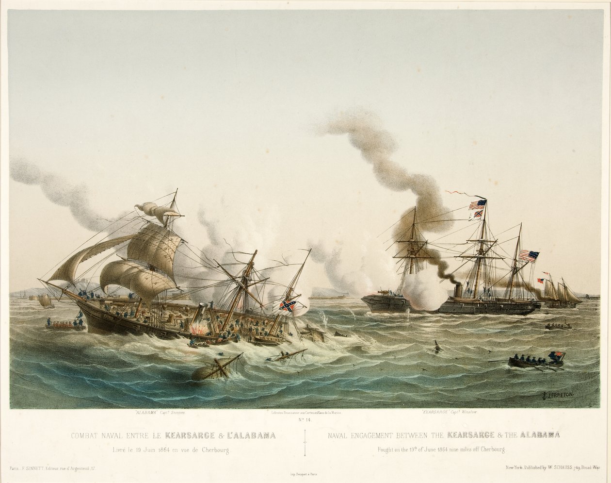 Combat Naval entre le Kearsage & l?Alabama,pub. 1864 (fargelitografi) av Louis Le Breton