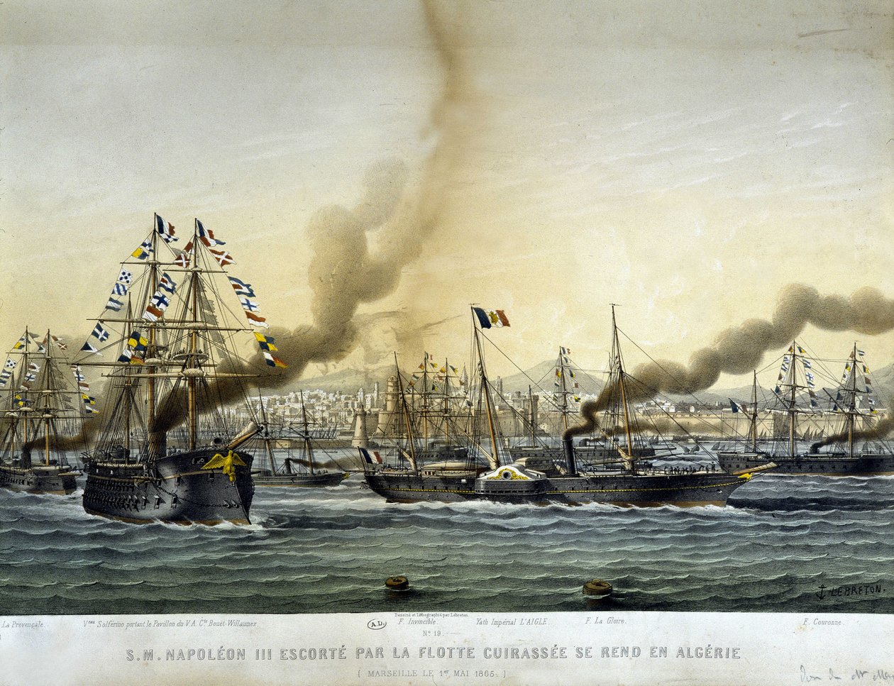 Napoleon III eskortert av Battlessee-flåten dro til Algerie i september 1860, gravering av 1865. av Louis Le Breton