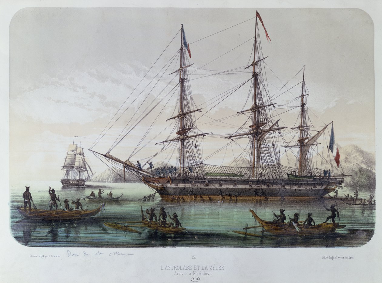 Astrolabe og Zelee besøker Nuku Hiva-øya på de franske Marquesas-øyene av Louis Le Breton